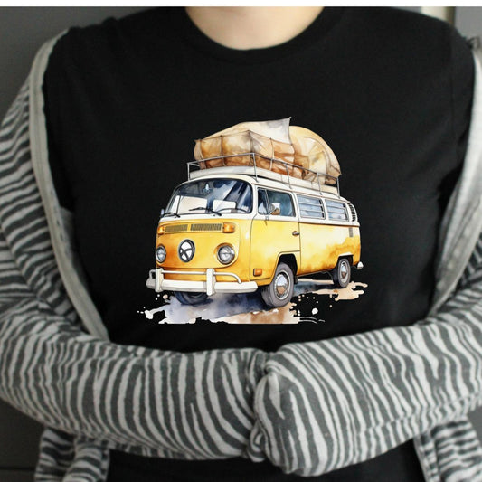 TSHIRT - VW Campervan Yellow Watercolour Design Unisex Casual Crew Neck Tshirt 100% Cotton