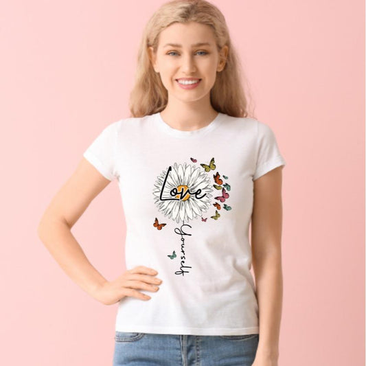 Love Yourself - Flowers Butterflies Image Mental Health White Tshirt