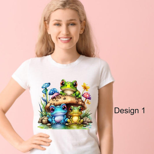TSHIRT - Frog Adventure Designs to choose from Frog / Mushroom Tshirts - Crew Neck Tshirt Casual - design 1 or design 4