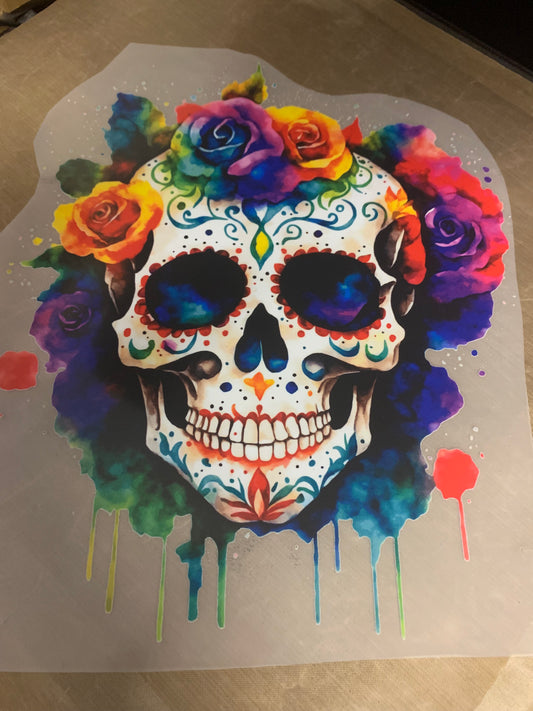 DTF Transfer ONLY - DTF Transfer - Direct To Film - Sugar Skull with Flowers Transfer Ideal for Tshirts or bags Ready For Press