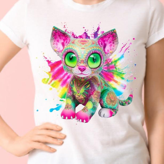 Cat Sphinx Pink and Green Tie Dye Colourful Unisex Crew Neck Tshirt
