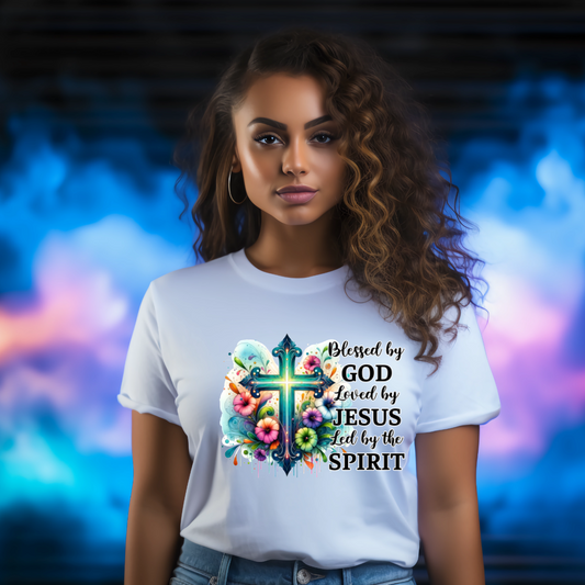 Blessed by God Loved by Jesus Led by the spirit white graphic tshirt 