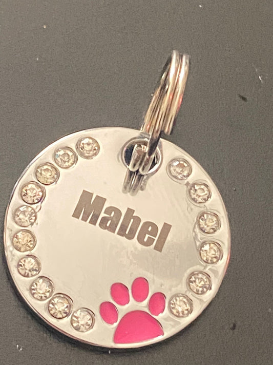Circle Rhinestone Coloured Paw Dog Puppy, Cat Name ID Engraved Tag