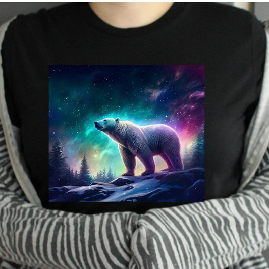 TSHIRT - Polar Bear with Northern Lights background on black Tshirt Animal Lover - Unisex Casual Crew Neck Tshirt 100% Cotton