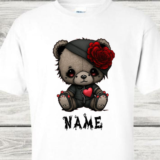 TSHIRT Gothic Halloween Rose Bear Personalised Unisex Casual Crew Neck Tshirt 100% Cotton