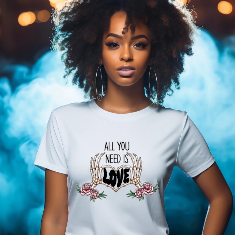 All Youi Need Is Love Skeleton Gothic Lovers Valentines Day T-Shirt Statement! Cotton Short sleeve Valentines Day White Tshirt Top Crewneck Women Casual