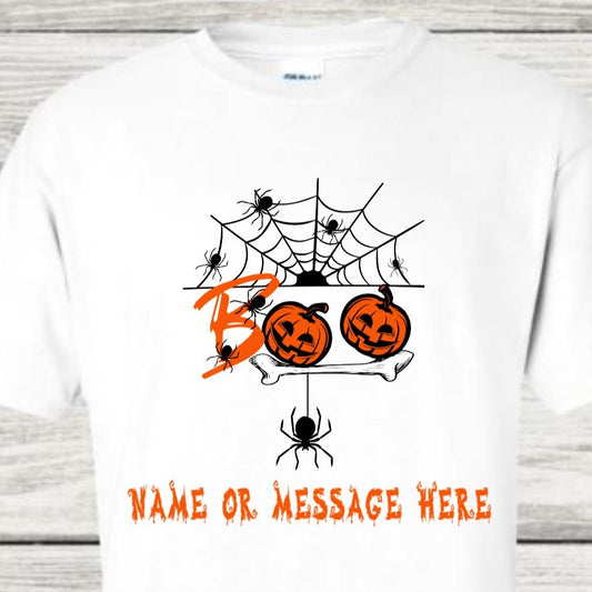 Personalised TSHIRT Halloween Tshirt Boo Spooky Spiderweb Pumpkin Unisex Casual Crew Neck Tshirt 100% Cotton