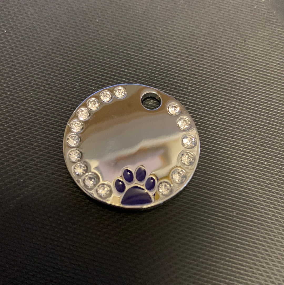 Circle Rhinestone Dog Cat Pet IT Name Tag Dark Blue Paw 