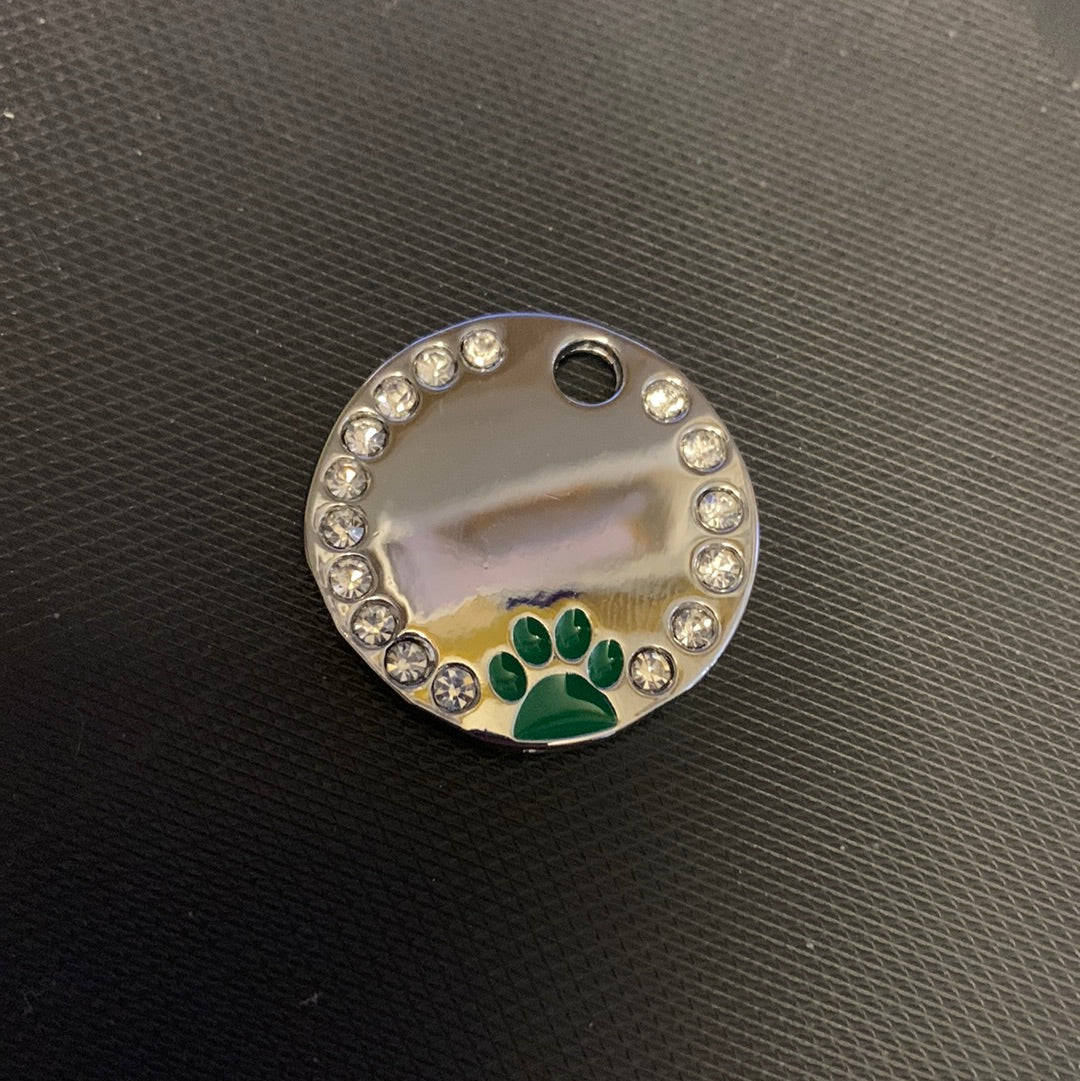 Circle Rhinestone Dog Cat Pet IT Name Tag Green Paw 