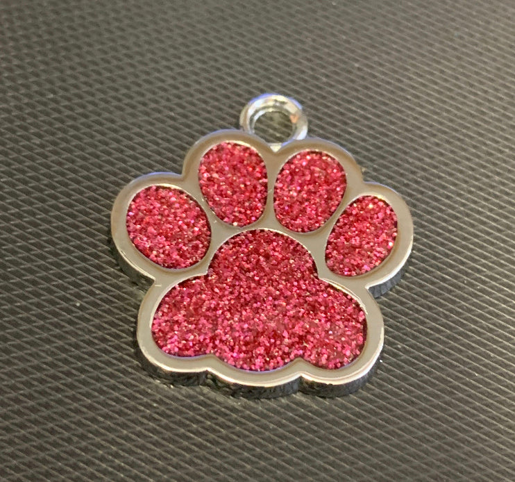 Engraved Glitter Paw Print Pet Dog Name Tag Personalised Custom ID Tag