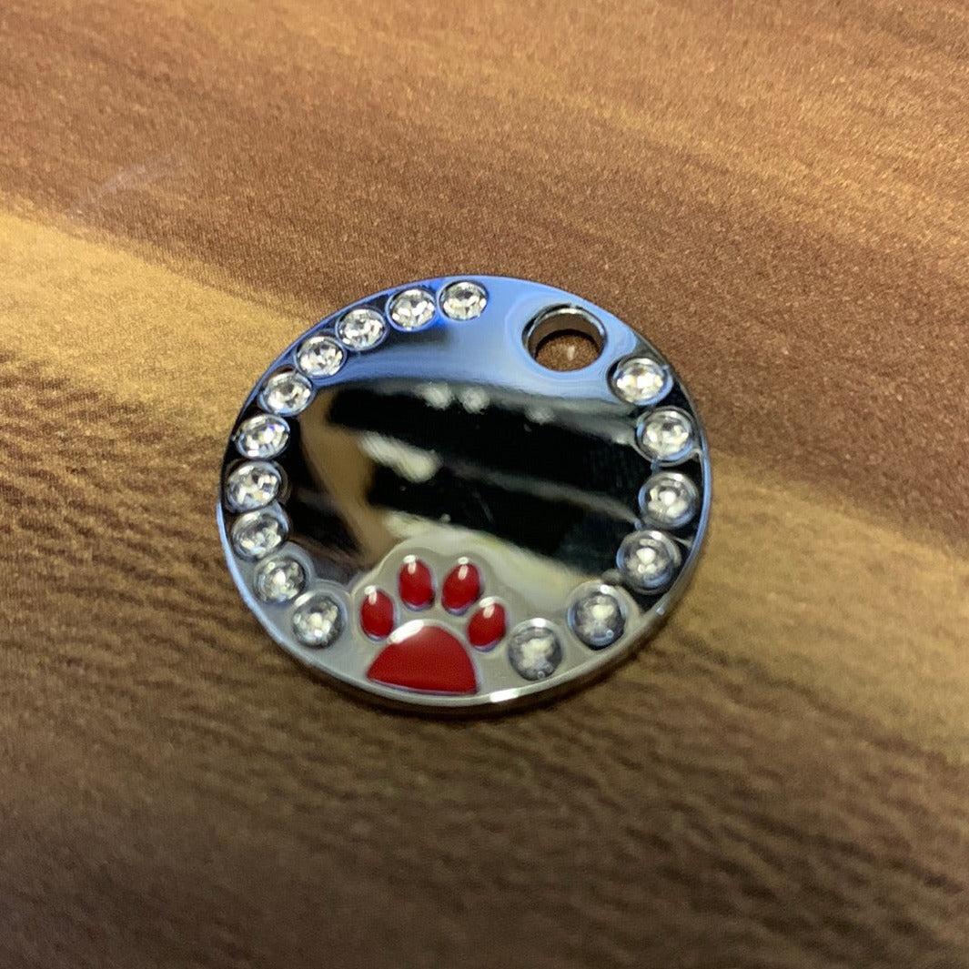 circle red paw pet dog cat name tag with rhinestones 