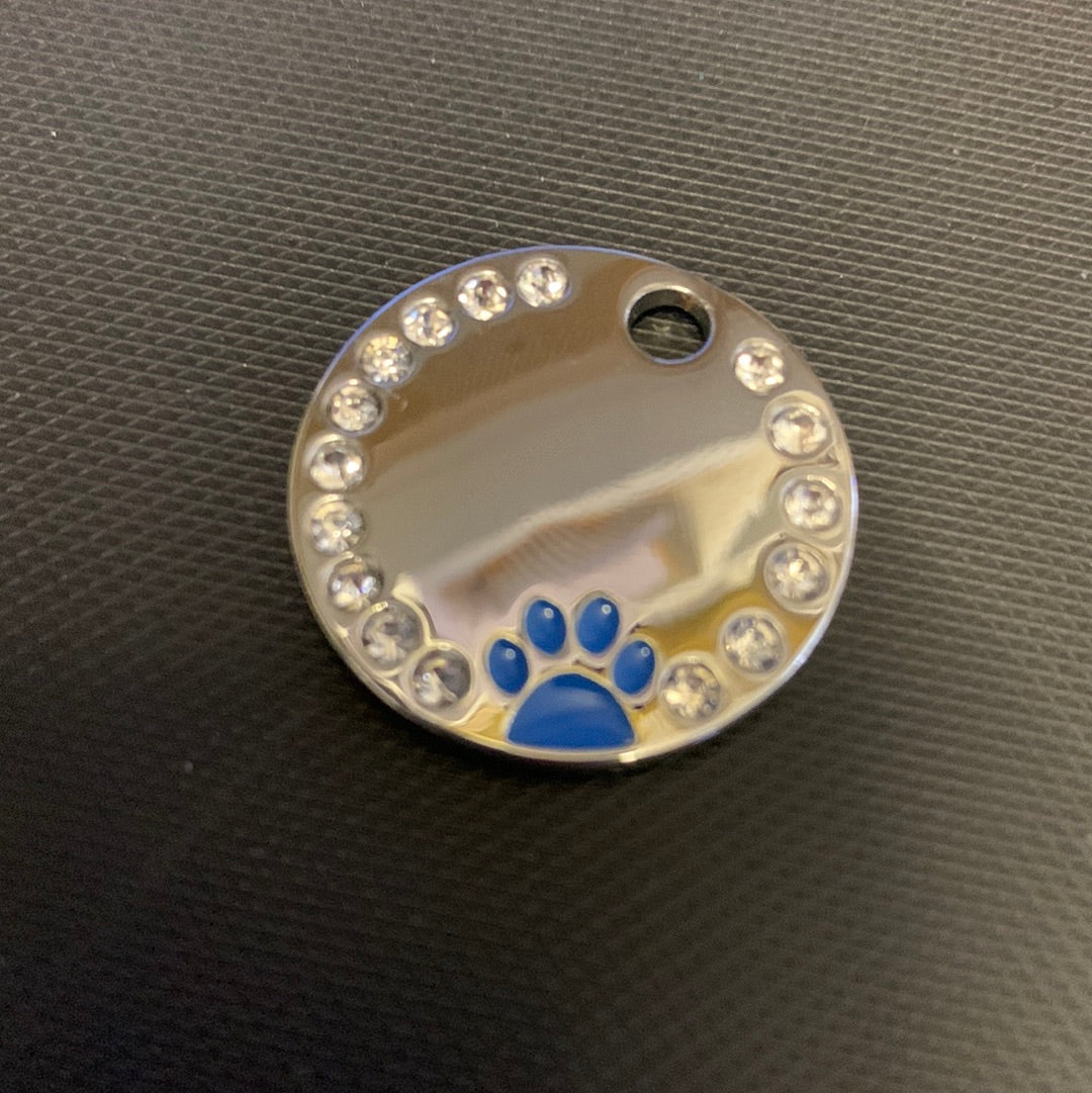 Circle Rhinestone Dog Cat Pet IT Name Tag Light Blue Paw 