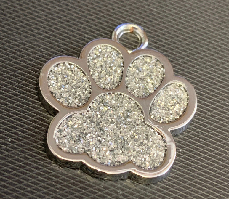 Paw Print Pet Dog Cat Name ID Tag Silver